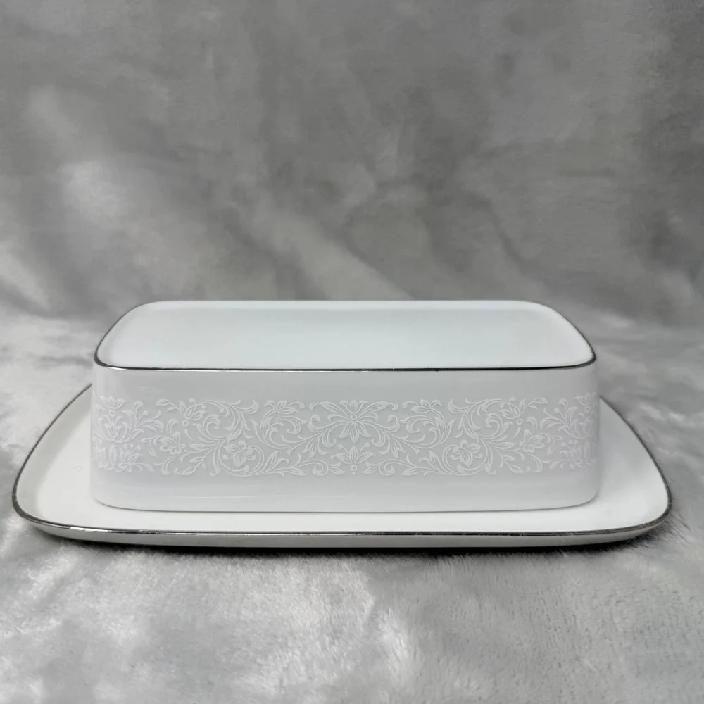 Crown Victoria‎ Empress Fine China Butter Dish with Lid White Floral Silver Trim